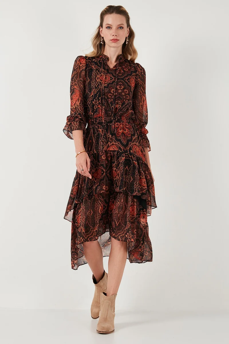 Lela Standard Fit Collar Detailed Flounce Chiffon Midi Dress Women's Dress 611EL1451