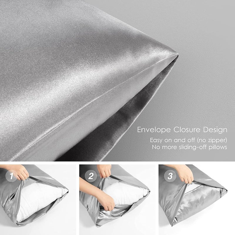 URLINENS غطاء وسادة من الساتان للشعر والبشرة، مجموعة نوم من حرير نباتي - 2 غطاء وسادة من الساتان، 1 قناع عين، 1 ربطة شعر - مجموعة نوم فاخرة، أغطية وسائد رمادية فضية مع إغلاق مغلف مقاس قياسي - Image 4