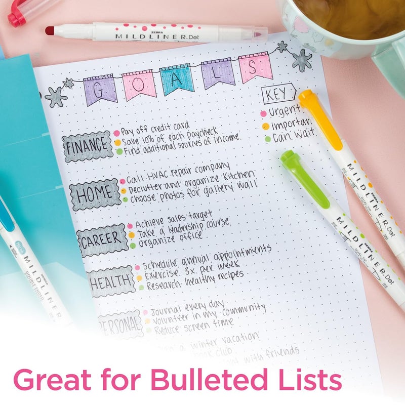 Zebra Pen Mildliner Dual-Tip Dot Stamp Marker, Water-Based Pigment Ink, Create Small and Large Bullets & Dots, Five Assorted Colors, Ideal for Journaling and Bulleted Lists, 5-Pack (73405) - Image 2