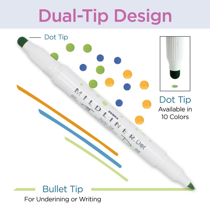 Zebra Pen Mildliner Dual-Tip Dot Stamp Marker, Water-Based Pigment Ink, Create Small and Large Bullets & Dots, Five Assorted Colors, Ideal for Journaling and Bulleted Lists, 5-Pack (73405) - Image 3