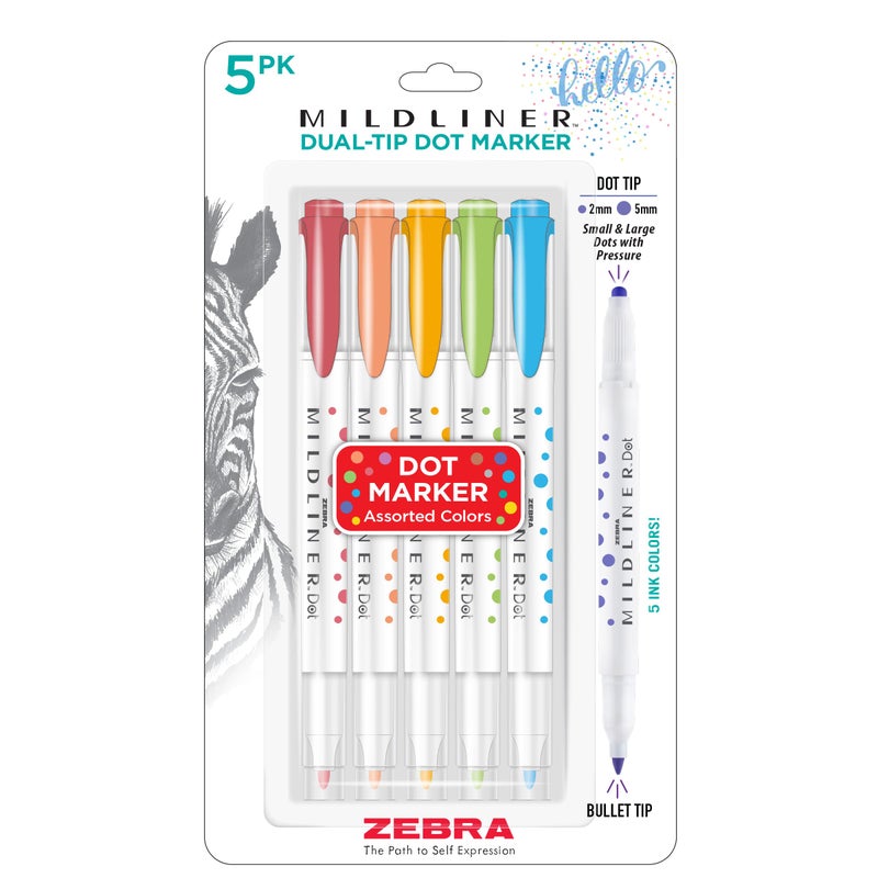 Zebra Pen Mildliner Dual-Tip Dot Stamp Marker, Water-Based Pigment Ink, Create Small and Large Bullets & Dots, Five Assorted Colors, Ideal for Journaling and Bulleted Lists, 5-Pack (73405) - Image 1