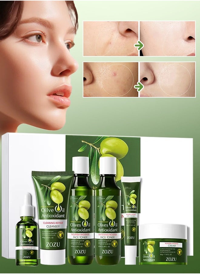 Zozu Olive Oil Antioxidant Anti Wrinkle Soothing Six Pieces Set with Oil Control Cleanser Hydrating Toner Nourishing Eye Cream Soothing Face Essence Whitening Face Toner and Repairing Face Cream Skincare Set  - Image 1