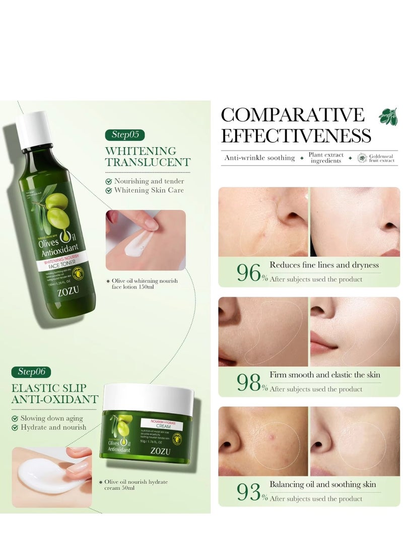 Olive Oil Antioxidant Anti Wrinkle Soothing Six Pieces Set with Oil Control Cleanser Hydrating Toner Nourishing Eye Cream Soothing Face Essence Whitening Face Toner and Repairing Face Cream Skincare Set
