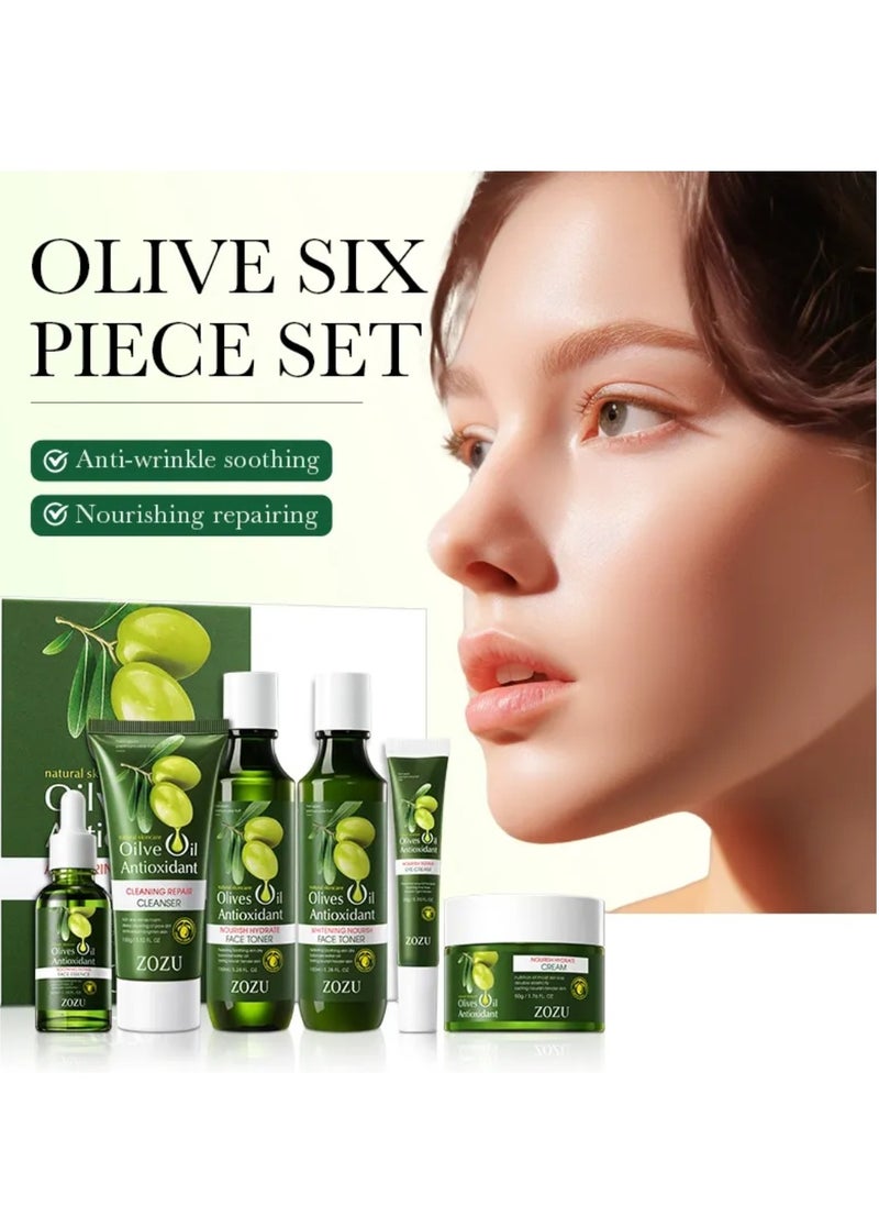 Olive Oil Antioxidant Anti Wrinkle Soothing Six Pieces Set with Oil Control Cleanser Hydrating Toner Nourishing Eye Cream Soothing Face Essence Whitening Face Toner and Repairing Face Cream Skincare Set