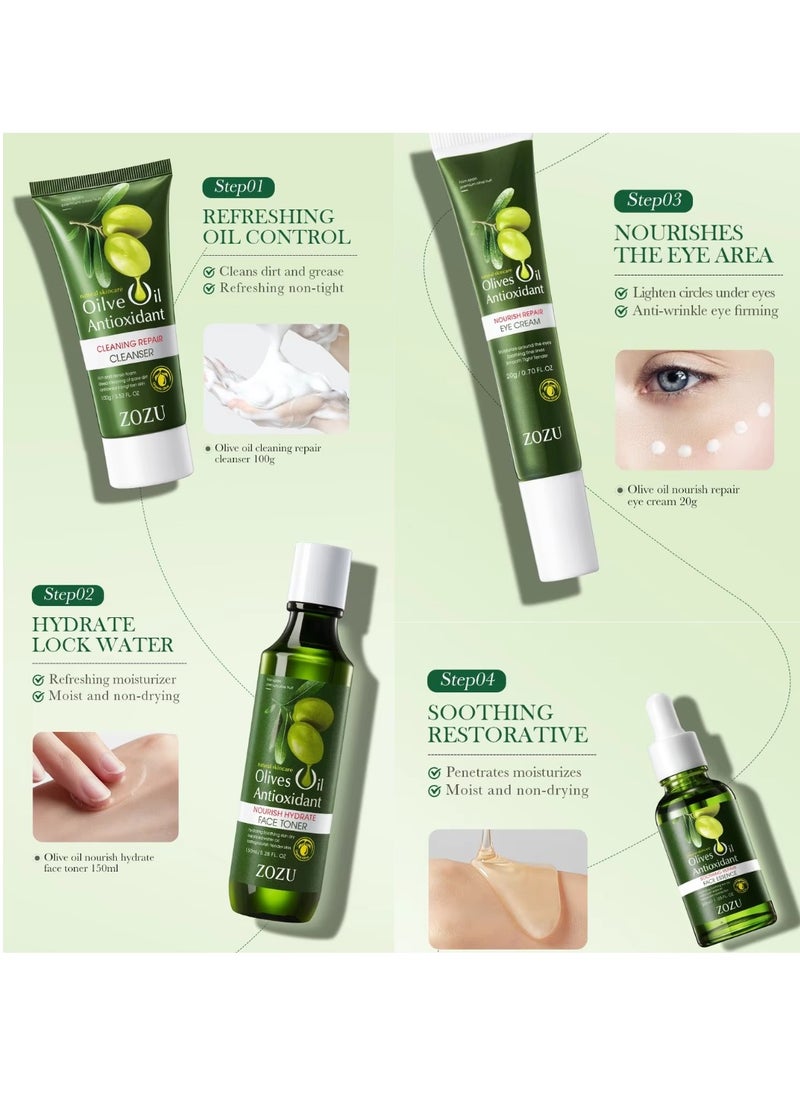 Olive Oil Antioxidant Anti Wrinkle Soothing Six Pieces Set with Oil Control Cleanser Hydrating Toner Nourishing Eye Cream Soothing Face Essence Whitening Face Toner and Repairing Face Cream Skincare Set