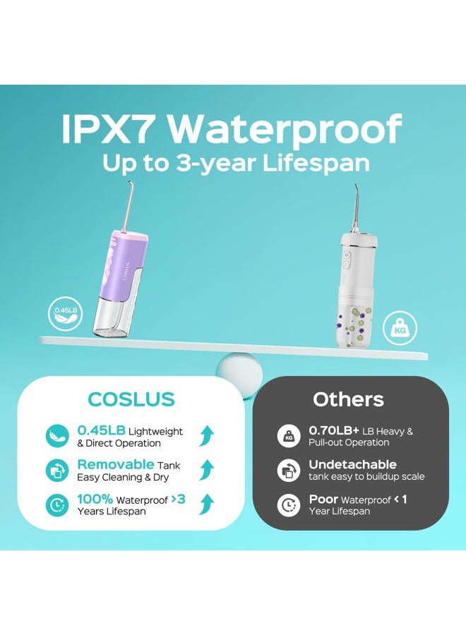 COSLUS Mini Water Flosser for Travel: Portable Compact Design, Cordless Oral Irrigator with 4 Jet Tips, Removable Tank & IPX7 Waterproof for Braces, Sensitive Teeth & On-The-Go Use, Pink Purple, T40 - Image 3