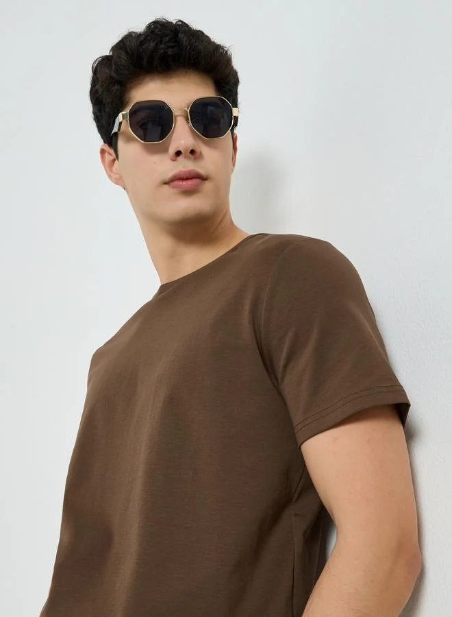Styli Men Brown Cotton Blend Crew Neck T-Shirt