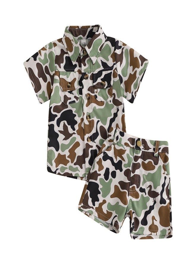 Mobbdow Toddler Baby Boy Hunting Outfit Duck Camo Button Down Short Sleeve Shirt Top and Shorts Set 2Pcs Summer Outfits (A-Duck Camo, 18-24 Months) - Image 1