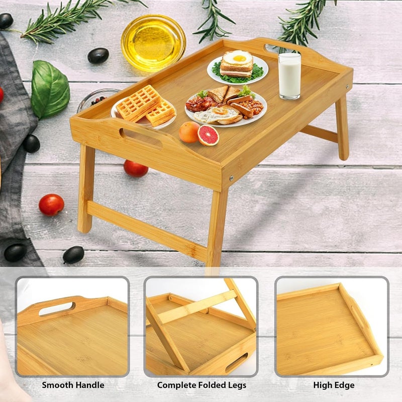 MorTime Bed Tray Table with Folding Legs, Bamboo Breakfast Tray with Handles for Bed, Sofa, Eating, Working, Foldable Laptop Desk Food Snack Tray Serving Tray - Image 3