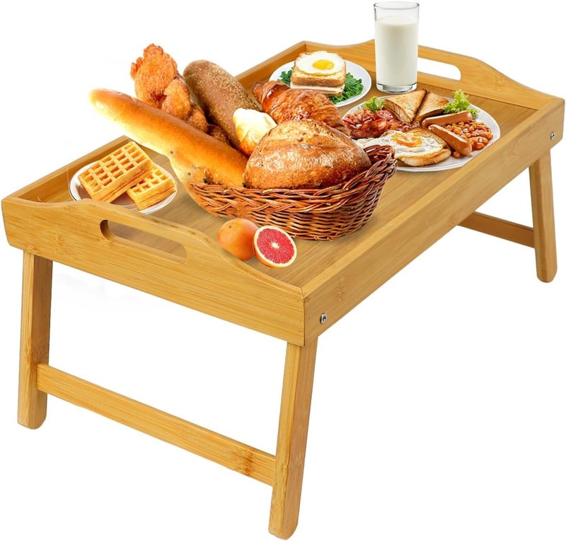 MorTime Bed Tray Table with Folding Legs, Bamboo Breakfast Tray with Handles for Bed, Sofa, Eating, Working, Foldable Laptop Desk Food Snack Tray Serving Tray - Image 1