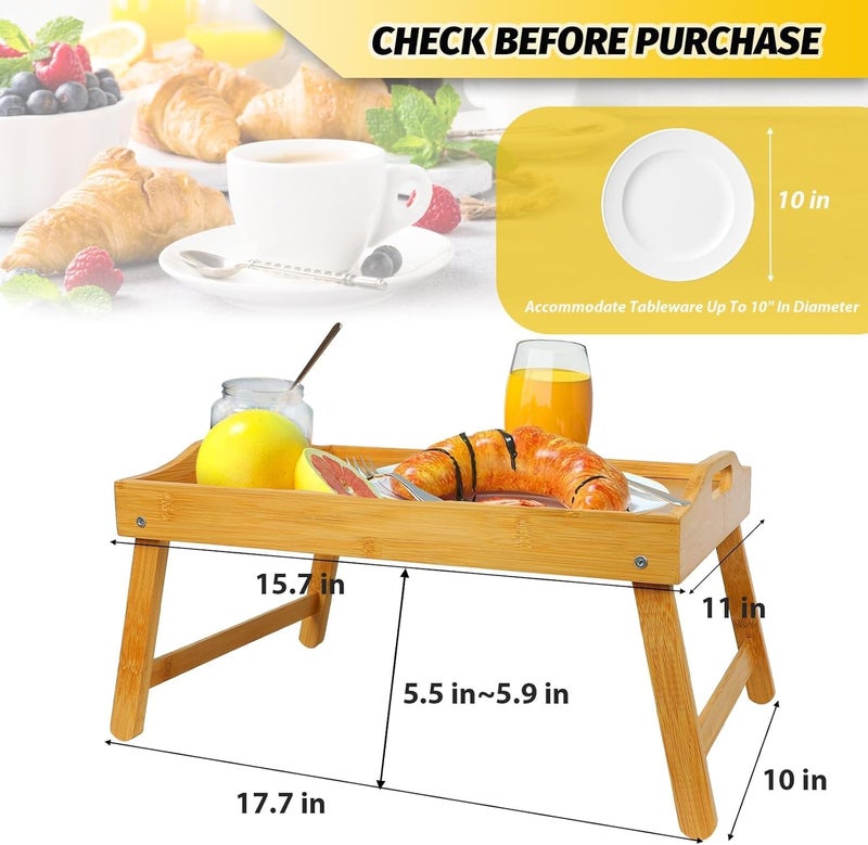 MorTime Bed Tray Table with Folding Legs, Bamboo Breakfast Tray with Handles for Bed, Sofa, Eating, Working, Foldable Laptop Desk Food Snack Tray Serving Tray - Image 2