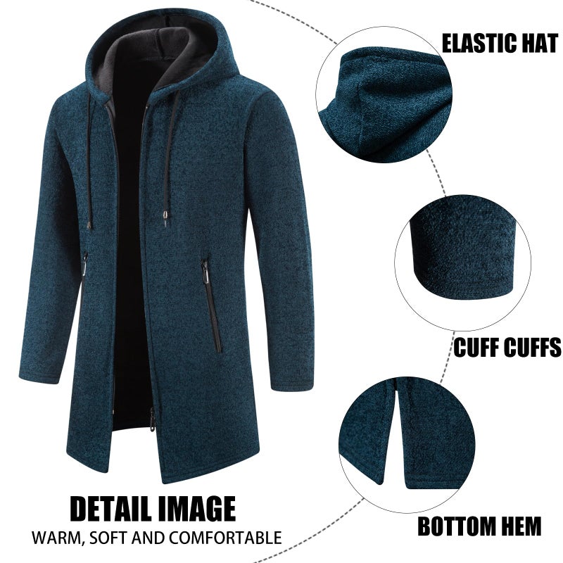 Mylldey Men's Long Cardigan Hoodies Full-zip Fleece Lined Sweaters Knit Regular Fit Casual Sweater Hooded Coat wiht PocketNavy-XL - Image 4