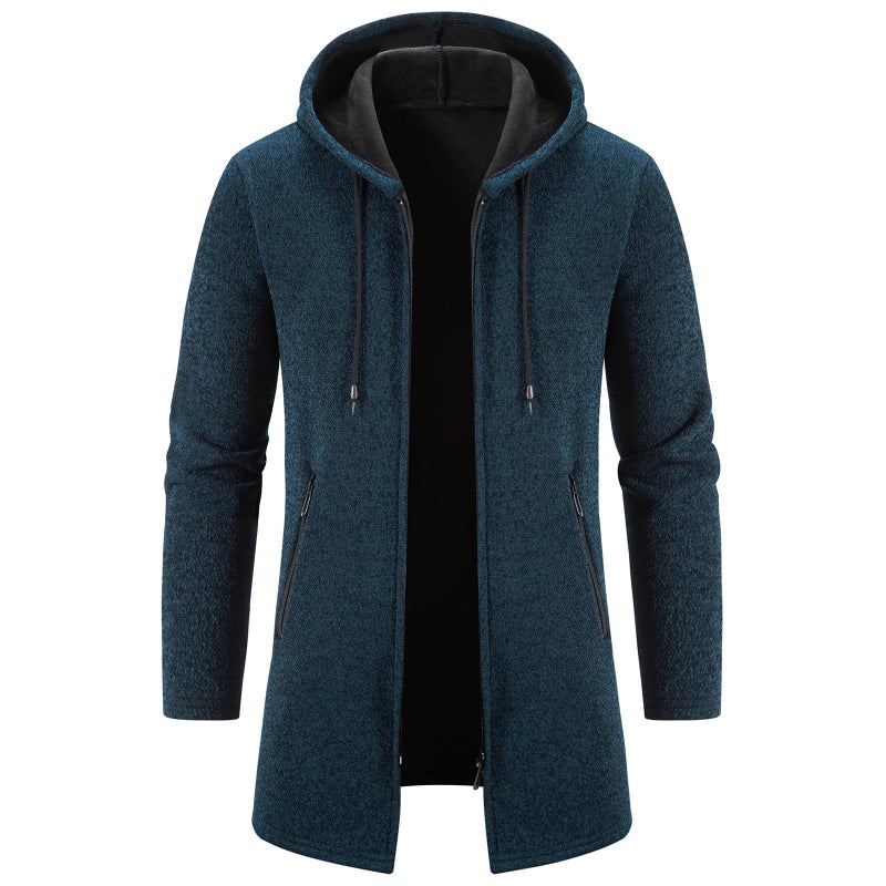 Mylldey Men's Long Cardigan Hoodies Full-zip Fleece Lined Sweaters Knit Regular Fit Casual Sweater Hooded Coat wiht PocketNavy-XL - Image 1