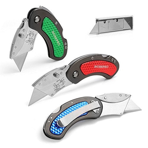 WORKPRO Folding Utility Knife Set Quick Change Blade, Back-lock Mechanism 3-piece with 10-piece Extra Blades - Image 1