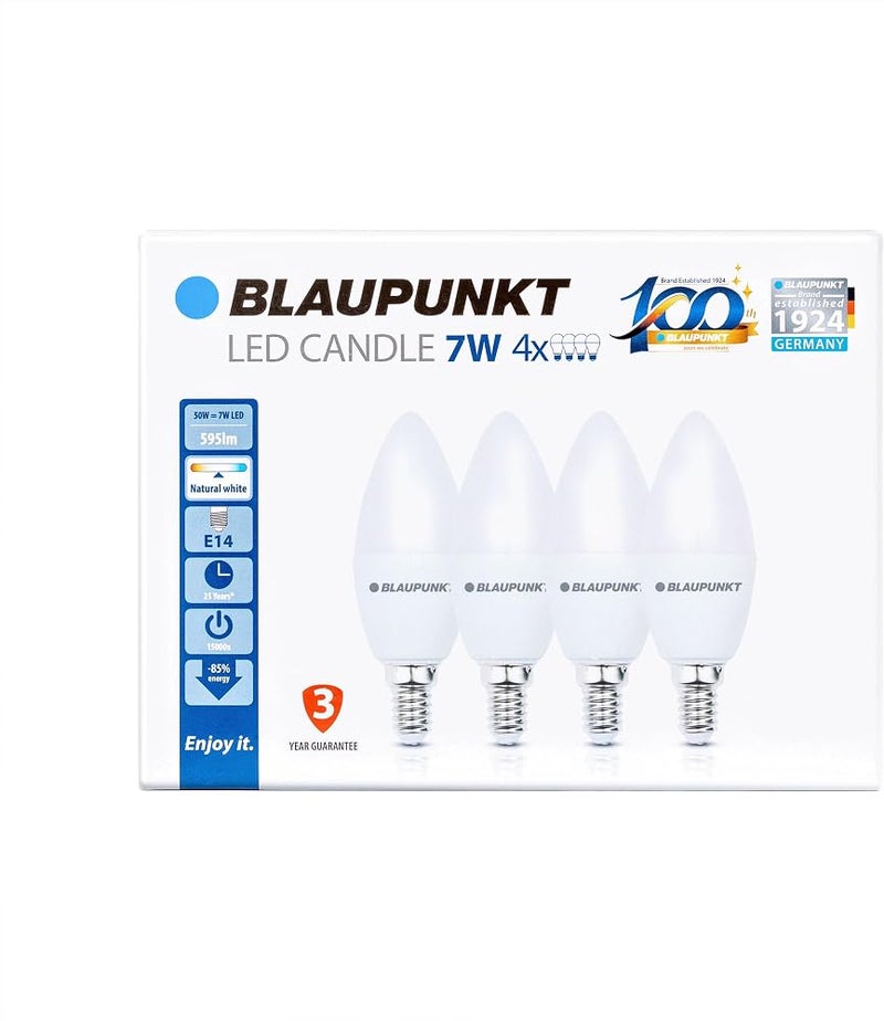 Blaupunkt LED E14 Light Bulb - Candle - Daylight Lighting - 7W - Small Edison Screw - Equivalent of 50W - Frosted - Natural White 4000K - 595 Lumens - Energy and Cost Saving Light - Pack of 4 - Image 2