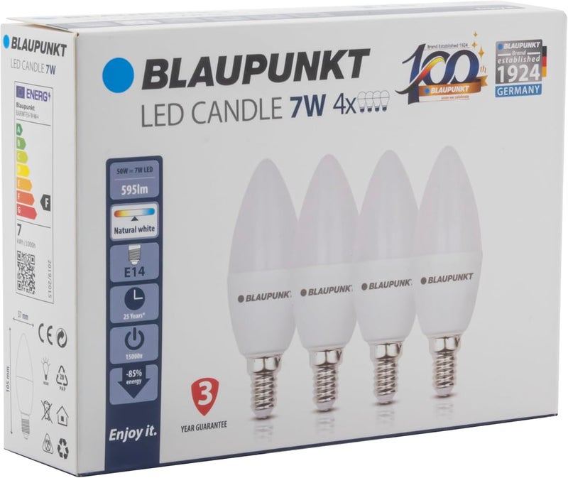 Blaupunkt LED E14 Light Bulb - Candle - Daylight Lighting - 7W - Small Edison Screw - Equivalent of 50W - Frosted - Natural White 4000K - 595 Lumens - Energy and Cost Saving Light - Pack of 4 - Image 3