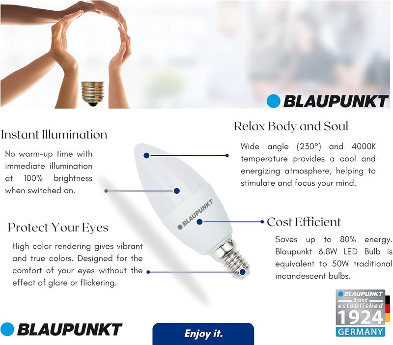 Blaupunkt LED E14 Light Bulb - Candle - Daylight Lighting - 7W - Small Edison Screw - Equivalent of 50W - Frosted - Natural White 4000K - 595 Lumens - Energy and Cost Saving Light - Pack of 4 - Image 5