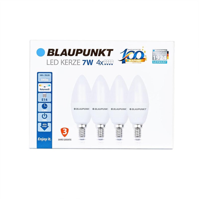 Blaupunkt LED E14 Light Bulb - Candle - Daylight Lighting - 7W - Small Edison Screw - Equivalent of 50W - Frosted - Natural White 4000K - 595 Lumens - Energy and Cost Saving Light - Pack of 4 - Image 4