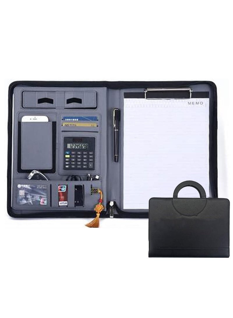 عام حافظة أعمال A4 Padfolio متعددة الوظائف بسحاب من الجلد، مفكرة احترافية لمجلد ملفات المؤتمرات، منظم شخصي للرجال والنساء (اللون: أسود، الحجم: مع حساب - Image 1