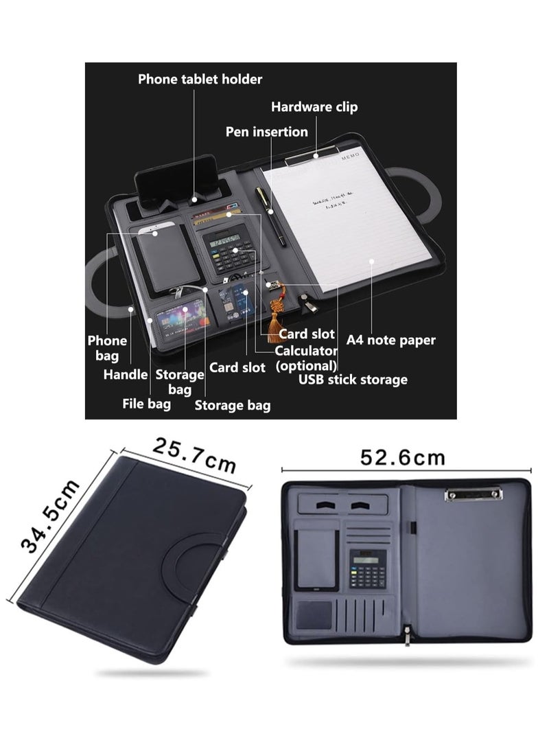 عام حافظة أعمال A4 Padfolio متعددة الوظائف بسحاب من الجلد، مفكرة احترافية لمجلد ملفات المؤتمرات، منظم شخصي للرجال والنساء (اللون: أسود، الحجم: مع حساب - Image 2