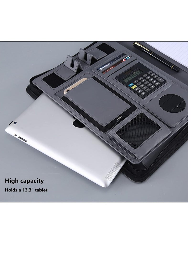 عام حافظة أعمال A4 Padfolio متعددة الوظائف بسحاب من الجلد، مفكرة احترافية لمجلد ملفات المؤتمرات، منظم شخصي للرجال والنساء (اللون: أسود، الحجم: مع حساب - Image 3