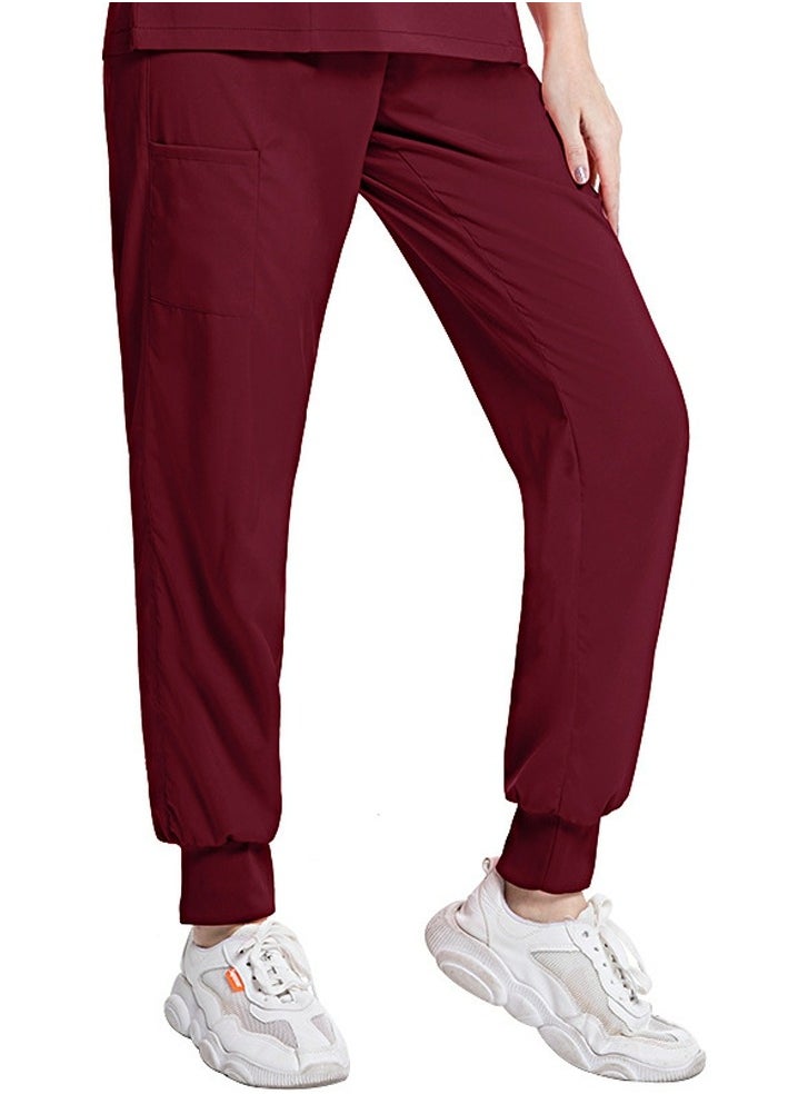 Loquat Medical Uniform Scrubs Pants Unisex Elastic Waist Jogger Pants Workwear Wine Red 