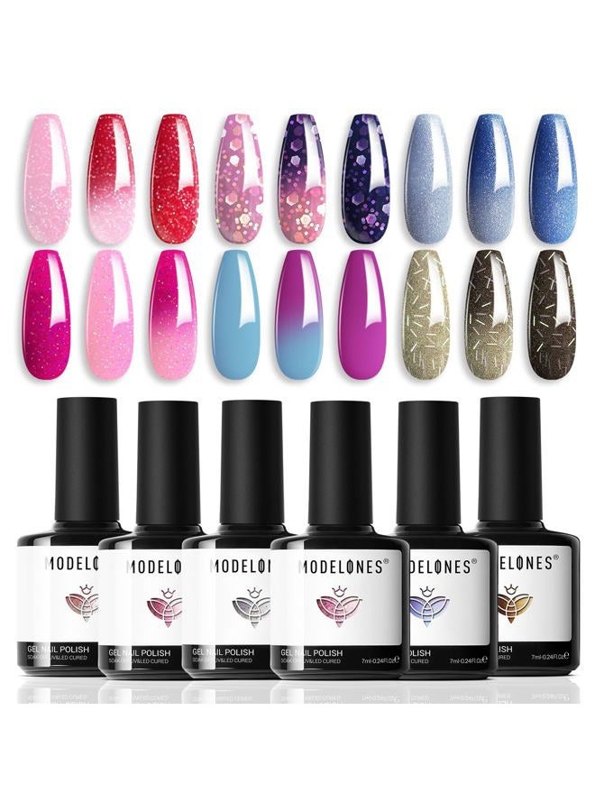 MODELONES Mood Gel Nail Polish Set Temperature Color Changing Gel Colors Collection Red Blue Glitter Gel Polish Soak Off 6 Colors Christmas Gifts New Year Holiday Salon DIY at Home - Image 1