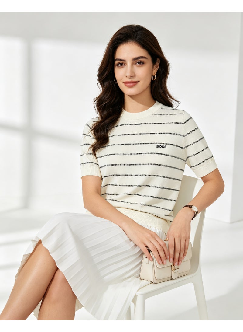 BOSS Unisex Short Sleeve Striped Knit Top Casual Daily Wear Off‑White - Image 3