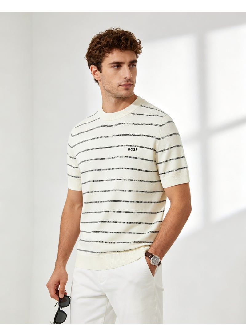 BOSS Unisex Short Sleeve Striped Knit Top Casual Daily Wear Off‑White - Image 1