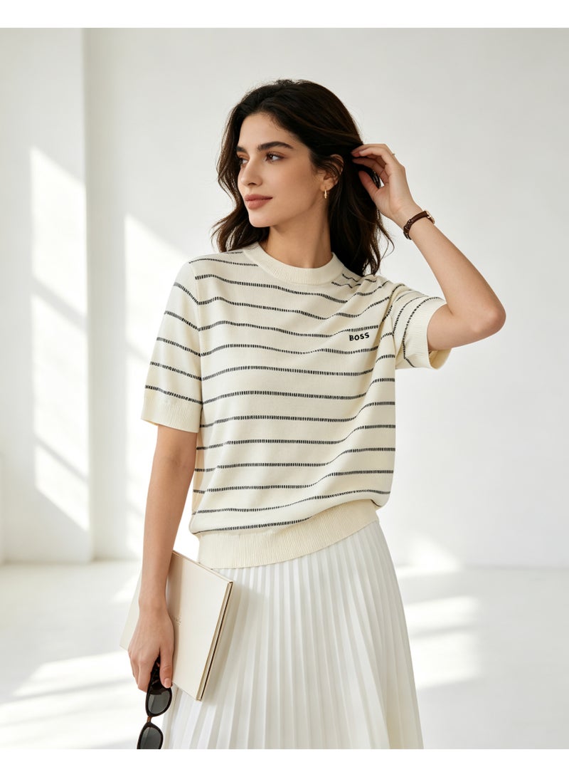 BOSS Unisex Short Sleeve Striped Knit Top Casual Daily Wear Off‑White - Image 2