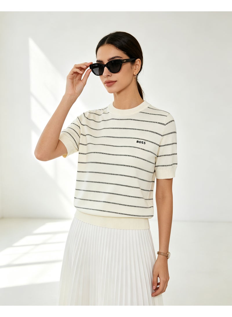 BOSS Unisex Short Sleeve Striped Knit Top Casual Daily Wear Off‑White - Image 4