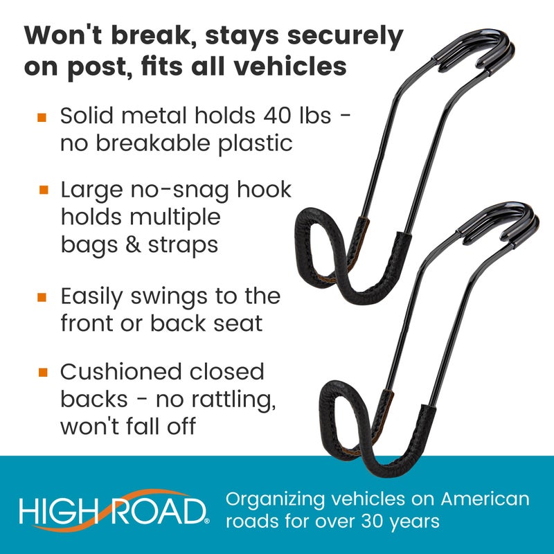 High Road Car Hooks for Purses and Bags with Leather Trim - Unbreakable Car Seat Hooks for Large Purse Straps and Heavy Bags up to 40 lbs - Secure Attachment Loops Fit All Headrest Posts, 2-Pack - Image 2