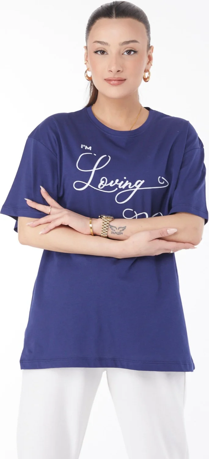 Tofisa 24635-DARK BLUE Crew Neck Short Sleeve Printed T-Shirt