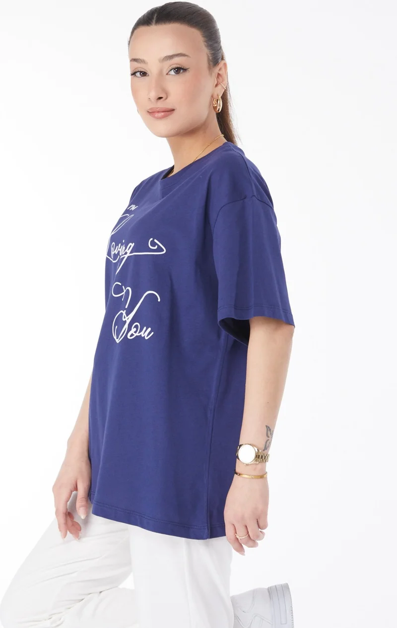 Tofisa 24635-DARK BLUE Crew Neck Short Sleeve Printed T-Shirt