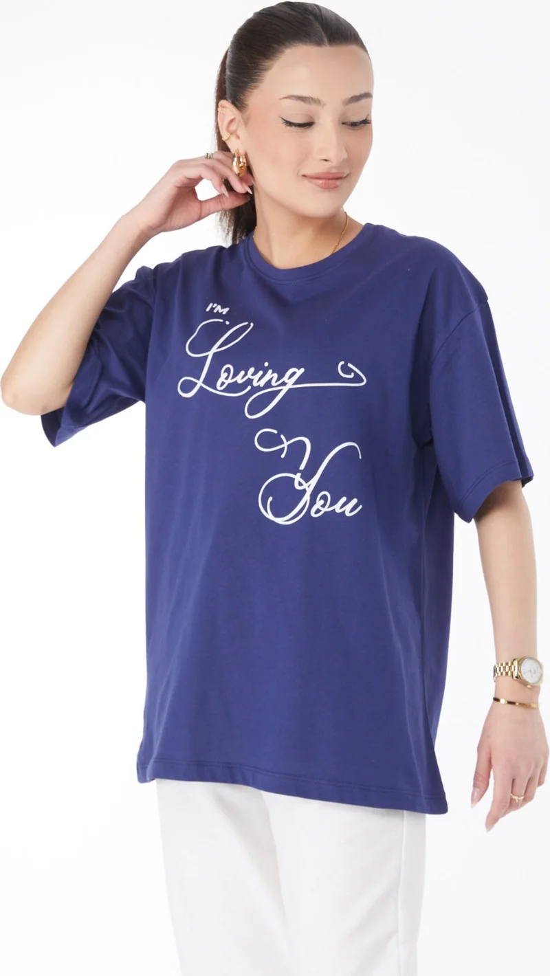 Tofisa 24635-DARK BLUE Crew Neck Short Sleeve Printed T-Shirt