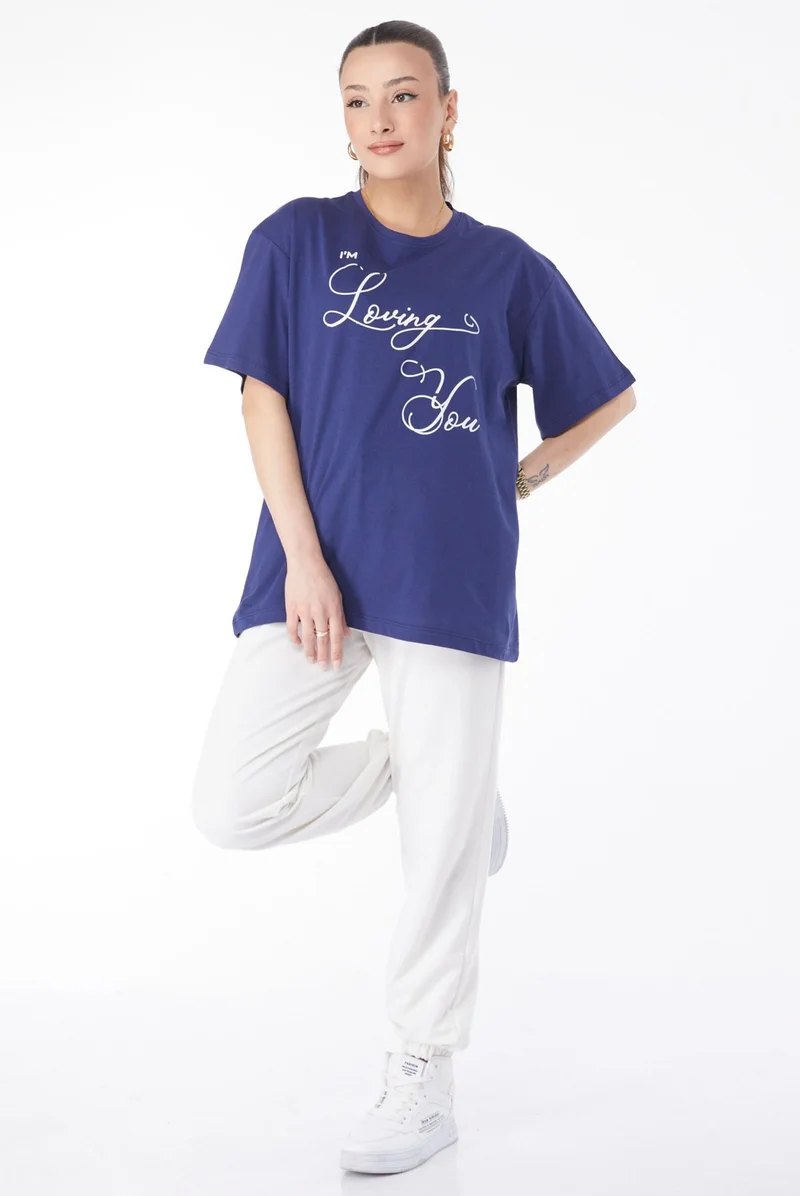 Tofisa 24635-DARK BLUE Crew Neck Short Sleeve Printed T-Shirt