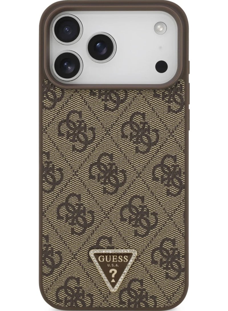 GUESS Guess Case Leather 4G Triangle Strass MagSafe for iPhone 17 Pro Max brown (GUHMP17XP4TDPLW) - Image 1