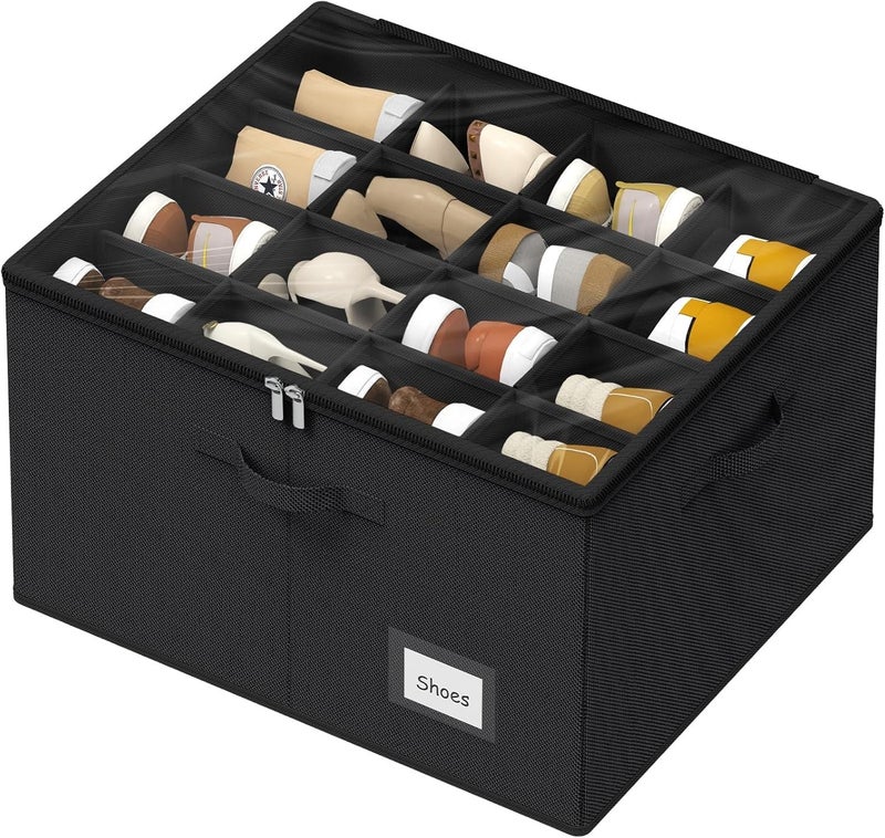 AMPLIN Shoe Organiser for Closet Fits 16 Pairs Large Shoe Box Storage Containers Clear Foldable Shoe Storage Bins wBottom Support Space Saving Shoes Holder wReinforced Handles Black - Image 1