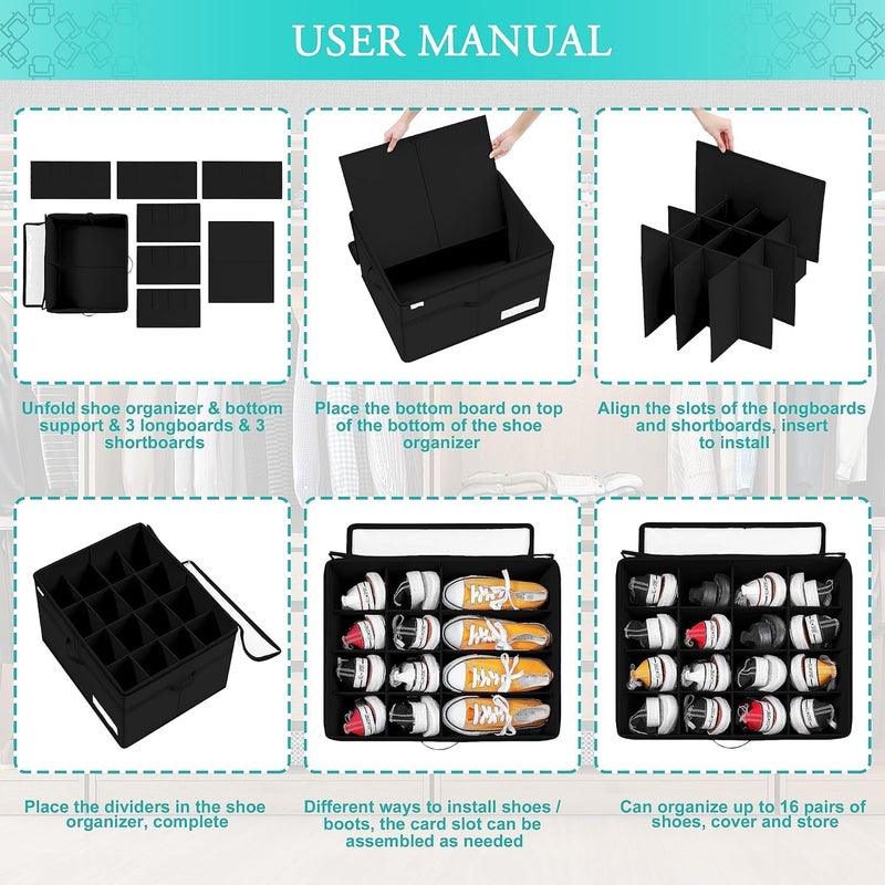 AMPLIN Shoe Organiser for Closet Fits 16 Pairs Large Shoe Box Storage Containers Clear Foldable Shoe Storage Bins wBottom Support Space Saving Shoes Holder wReinforced Handles Black - Image 4