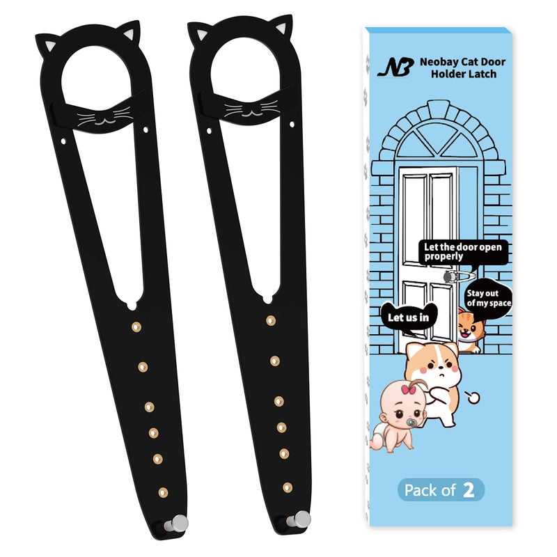 Neobay Cat Door Latch with Stabilizer 7 Sizes Adjustable Door Prop for Cats to Keep Dog Out of Litter Box Economical Alternative of Pet Gates and Interior Pet Door Blcak 2 Packs