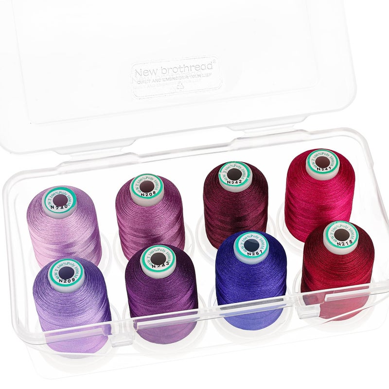 New brothread  20 Options  8 Snap Spools of 1000m Each Polyester Embroidery Machine Thread with Clear Plastic Storage Box for Embroidery  Quilting  Different Purple