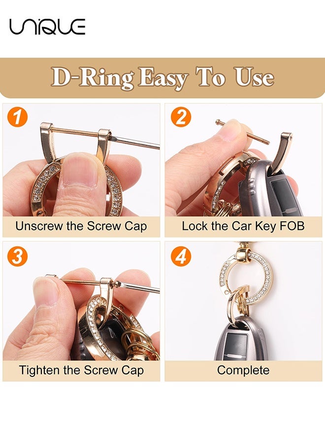يونيك ميدالية مفاتيح للسيارة من الجلد الصناعي والمعدن - سلسلة مفاتيح سيارة مبتكرة مع حلقة D مانعة للفقد و2 حلقات مفاتيح - حلقة من مزيج الزنك مع جلد منقوش قابلة للدوران 360° - سوار معصم للسيارة عالمي - قلادة لتزيين حقيبة مدرسية أو السيارة - تأتي مع مفك براغي - باللون الأسود/الذهبي - Image 4