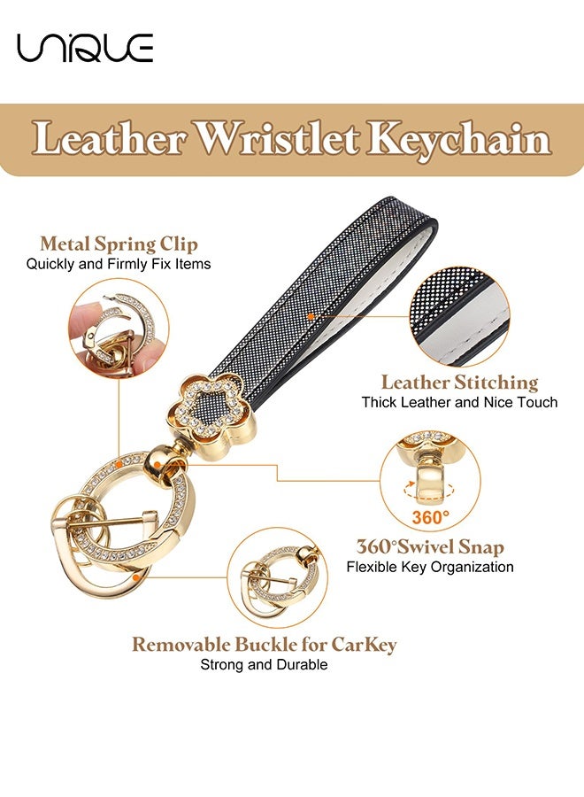 يونيك ميدالية مفاتيح للسيارة من الجلد الصناعي والمعدن - سلسلة مفاتيح سيارة مبتكرة مع حلقة D مانعة للفقد و2 حلقات مفاتيح - حلقة من مزيج الزنك مع جلد منقوش قابلة للدوران 360° - سوار معصم للسيارة عالمي - قلادة لتزيين حقيبة مدرسية أو السيارة - تأتي مع مفك براغي - باللون الأسود/الذهبي - Image 3