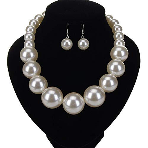 Jerollin Fashion Single Chain Big Pearl Bib Collar Choker Statement Necklace White - Image 3