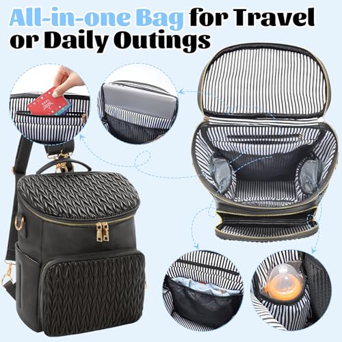 Minsong Diaper Bag Backpack, Fashion Leather Mommy Backpacks, Travel Baby Diaper Bags with in Bag Organizer and Changing Pad (Black-stripes) - Image 2