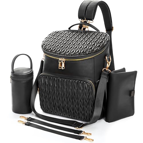 Minsong Diaper Bag Backpack, Fashion Leather Mommy Backpacks, Travel Baby Diaper Bags with in Bag Organizer and Changing Pad (Black-stripes) - Image 1