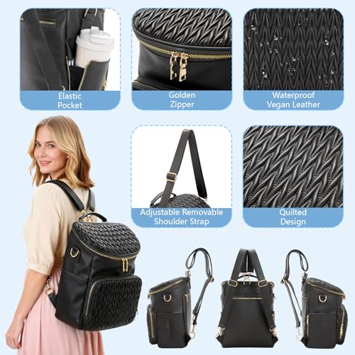 Minsong Diaper Bag Backpack, Fashion Leather Mommy Backpacks, Travel Baby Diaper Bags with in Bag Organizer and Changing Pad (Black-stripes) - Image 5