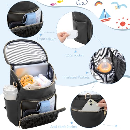 Minsong Diaper Bag Backpack, Fashion Leather Mommy Backpacks, Travel Baby Diaper Bags with in Bag Organizer and Changing Pad (Black-stripes) - Image 4