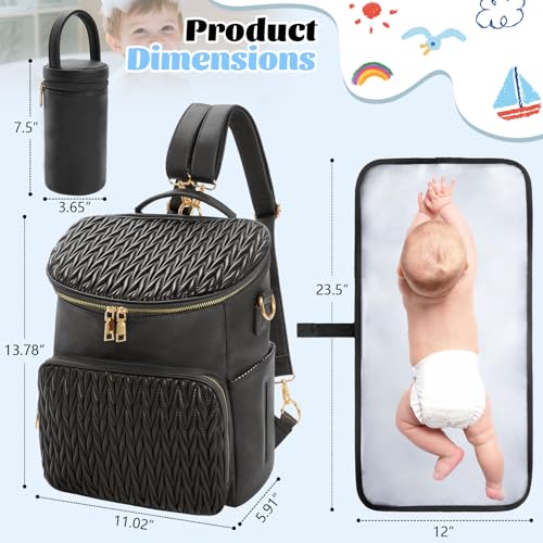 Minsong Diaper Bag Backpack, Fashion Leather Mommy Backpacks, Travel Baby Diaper Bags with in Bag Organizer and Changing Pad (Black-stripes) - Image 3