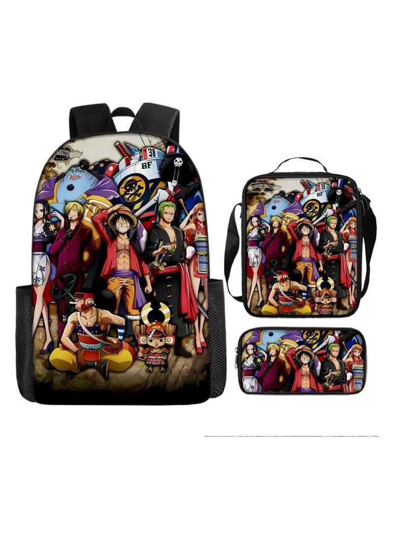 General [3 PCS] Anime One-Piece Luffy Cosplay Backpack Set,Fashion Large Capacity Shoulder Bag with Lunch Bag & Pencil Case,School Bag Bookbag for Kids Boys Students Fans  - Image 1